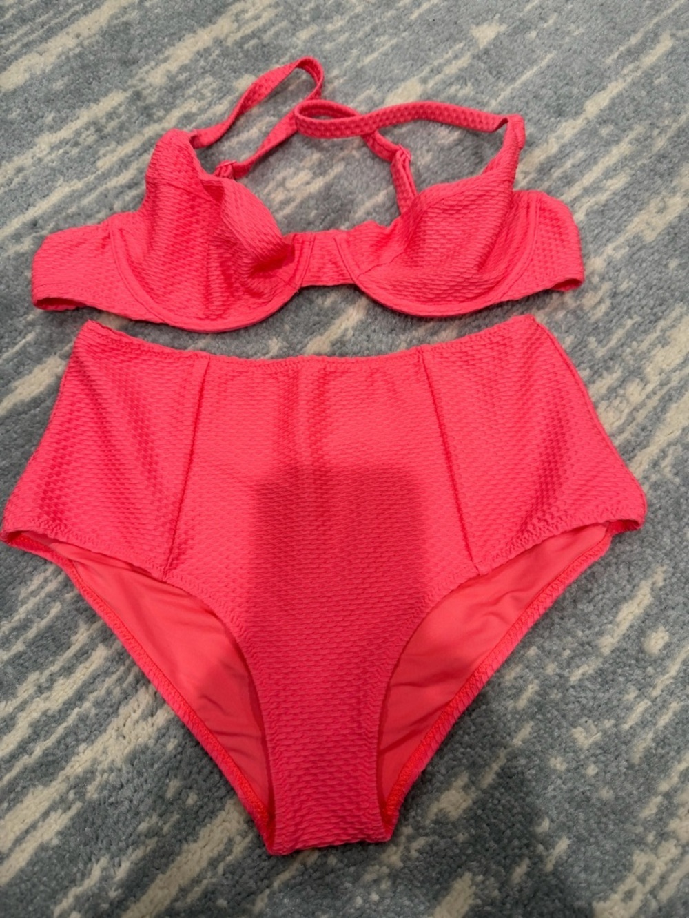 Aerie High-Waist Textured Bikini Set in Bright Pink